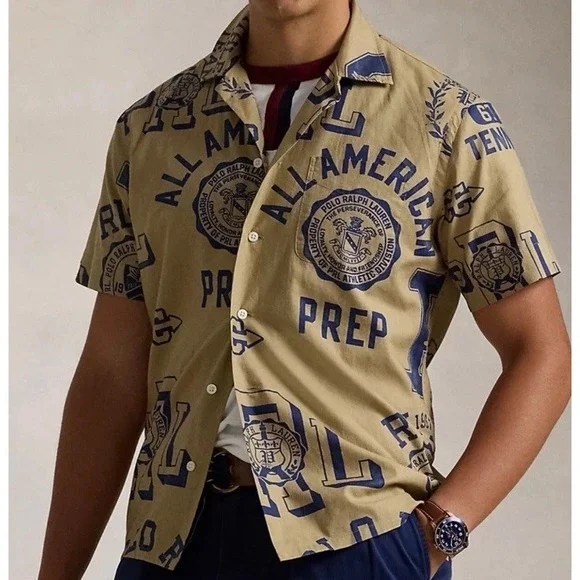 Polo Ralph Lauren Linen Camp Shirt Men's Large Tall American Prep Spellout NWT - Picture 2 of 11